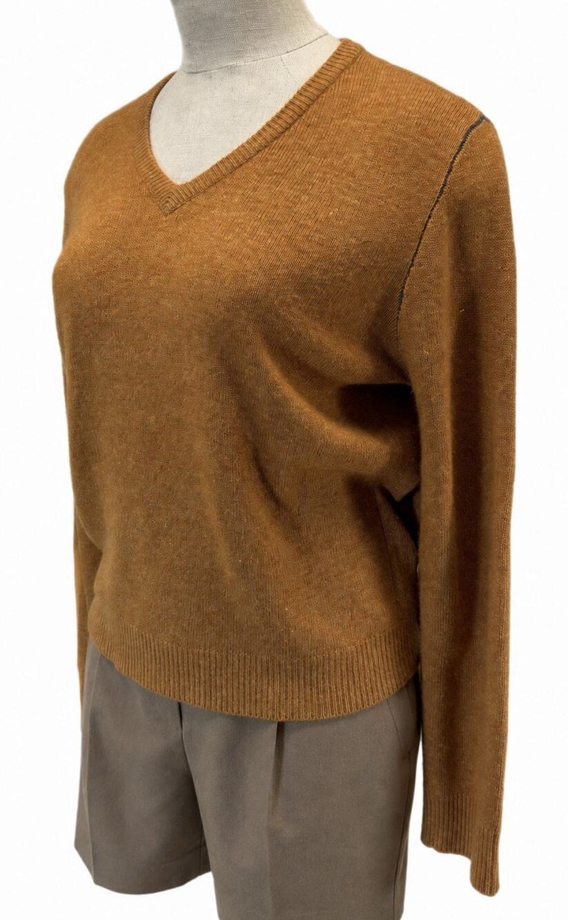 Trovata Brown V-Neck Lambswool Cashmere Blend Sweater Elbow Patch Knit Size XL